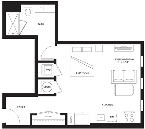 Floor plan for studio, 1 bath, 574 sqft